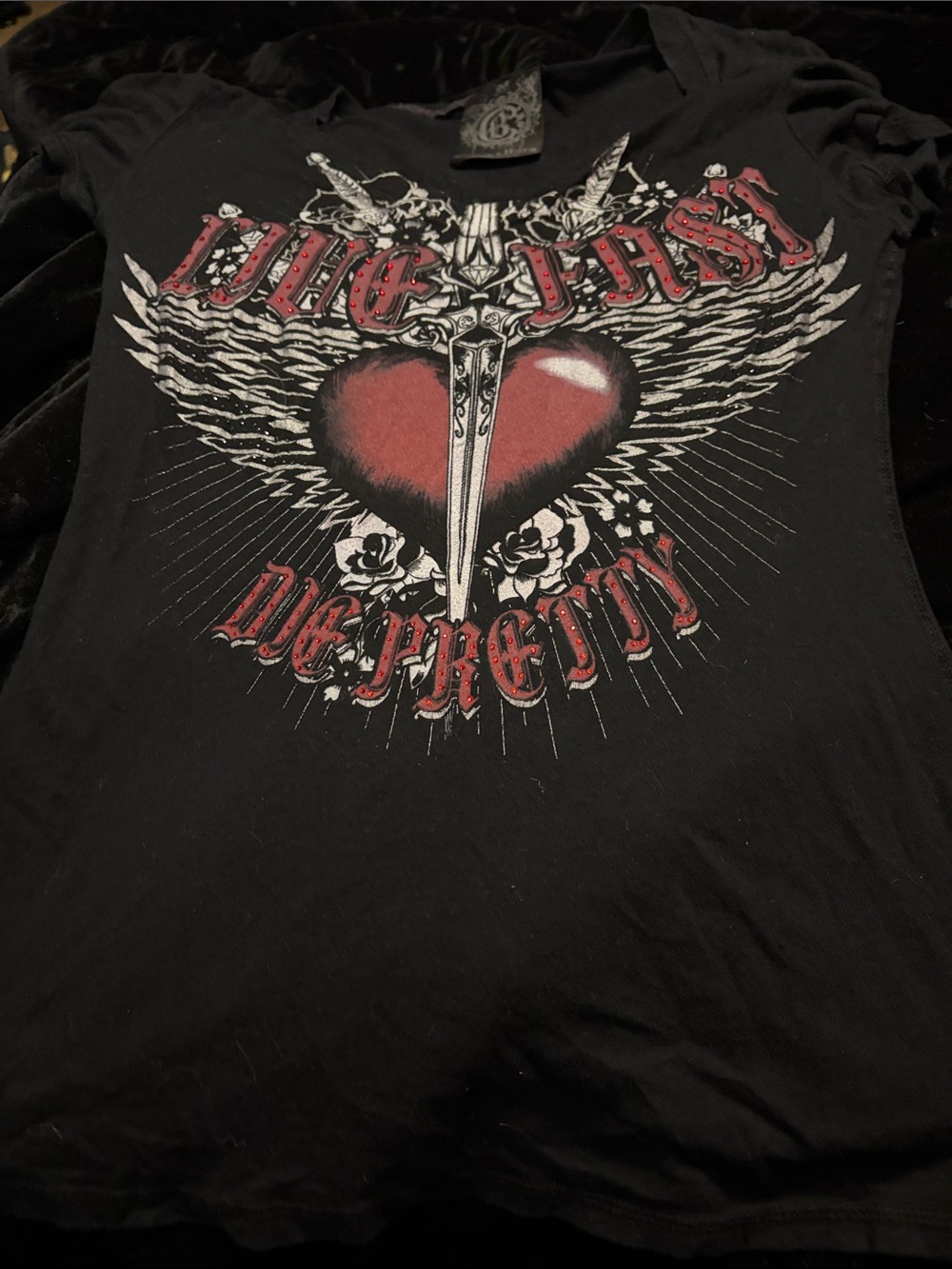 Crash & Burn Black Tee with Red Heart and Sword Graphic